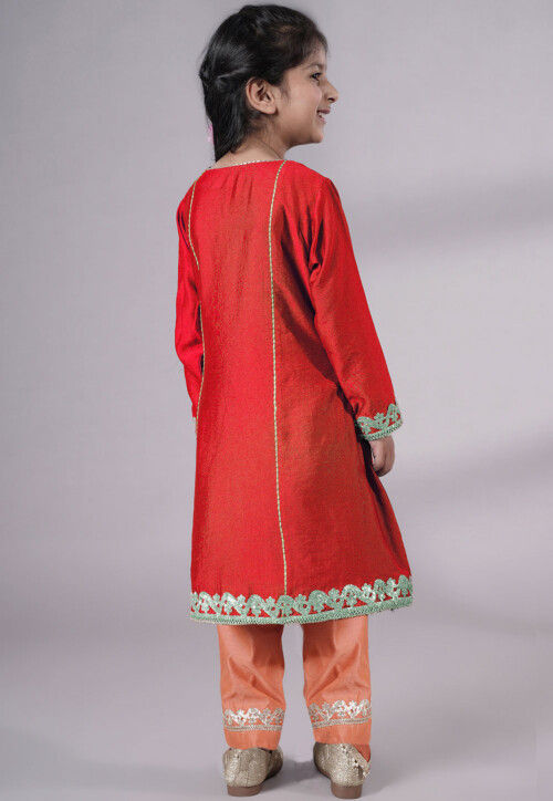 Embroidered Chanderi Silk Punjabi Suit in Red