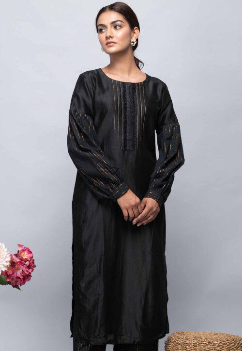 Buy Black Chanderi Embroidered Floral Round Kurta Set For Women by Raiman  Online at Aza Fashions.