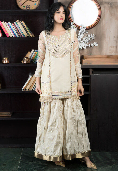 Embroidered Chanderi Silk Straight Kurta Set in Beige