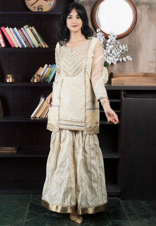 Embroidered Chanderi Silk Straight Kurta Set in Beige