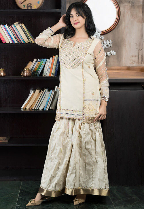Embroidered Chanderi Silk Straight Kurta Set in Beige