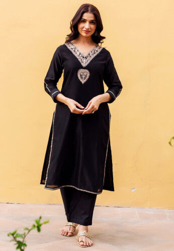 Embroidered Chanderi Silk Straight Kurta Set in Black