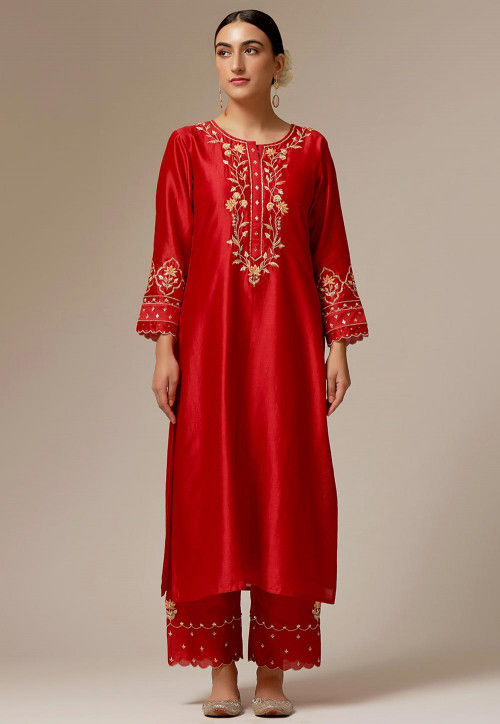 Embroidered Chanderi Silk Straight Kurta Set in Red : TWW141