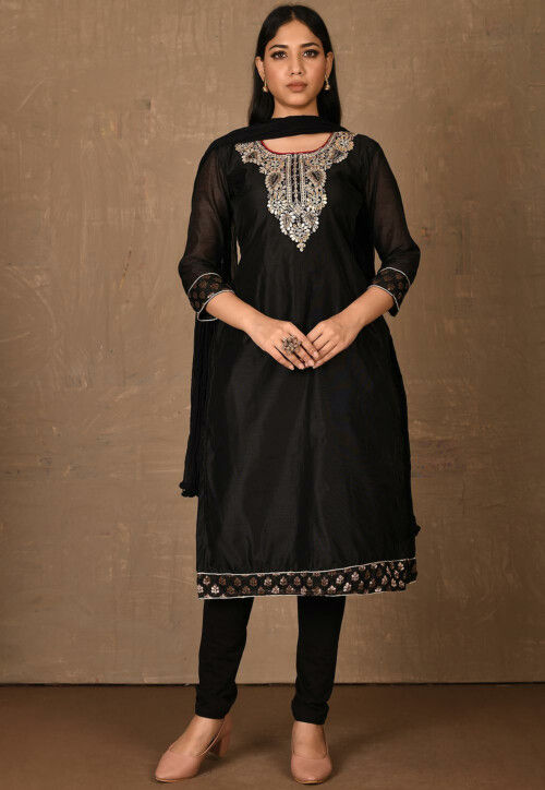Embroidered Chanderi Straight Suit in Black