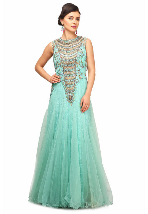 Embroidered Chantal Net Gown in Light Blue