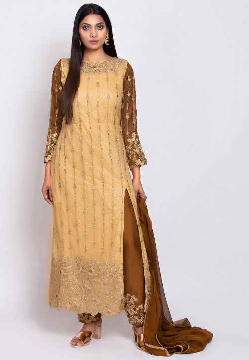 Embroidered Chantelle Net Pakistani Suit in Beige