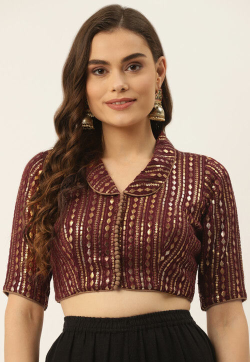 Embroidered Chiffon Blouse in Maroon