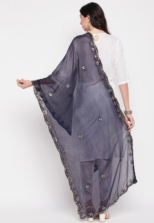 Embroidered Chiffon Dupatta in Navy Blue