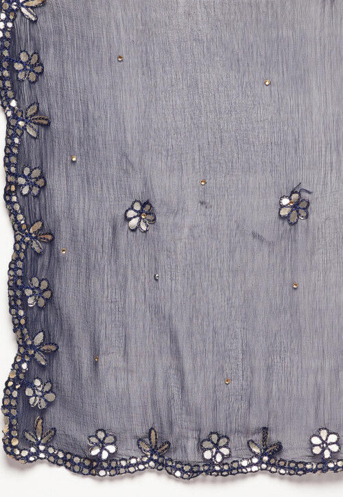 Embroidered Chiffon Dupatta in Navy Blue