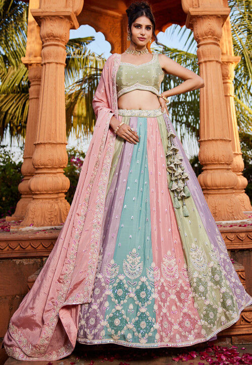 Embroidered Chiffon Lehenga in Multicolor