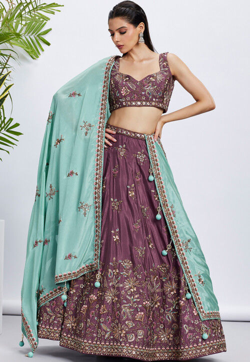Embroidered Chiffon Lehenga in Wine