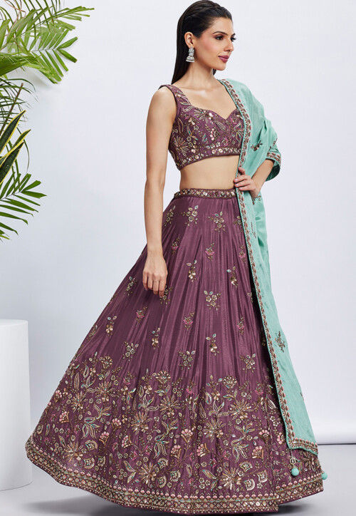 Embroidered Chiffon Lehenga in Wine
