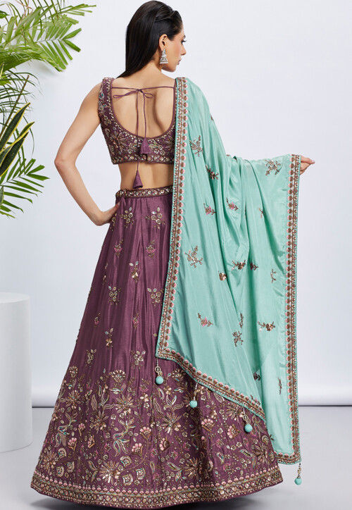 Embroidered Chiffon Lehenga in Wine