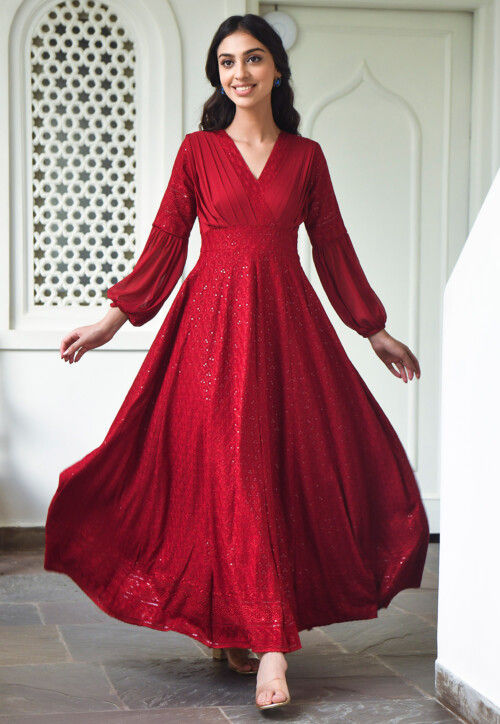 Embroidered Chiffon Midi Dress in Maroon