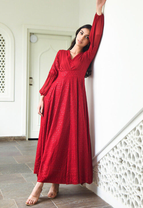 Embroidered Chiffon Midi Dress in Maroon