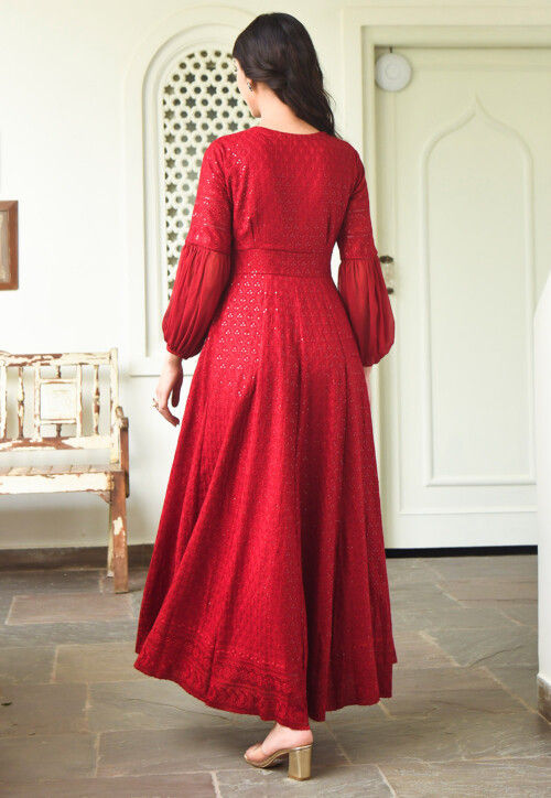 Embroidered Chiffon Midi Dress in Maroon