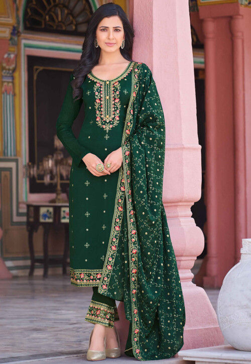 Jasmin Bhasin Radiant Dark Green Color Jacquard Fabric Salwar Suit – Simple  Sarees
