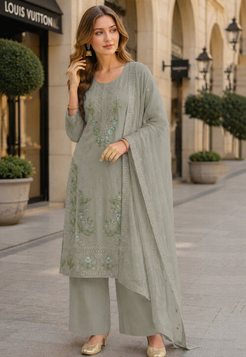 Embroidered Chiffon Pakistani Suit in Light Grey