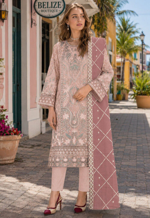 Embroidered Chiffon Pakistani Suit in Light Peach