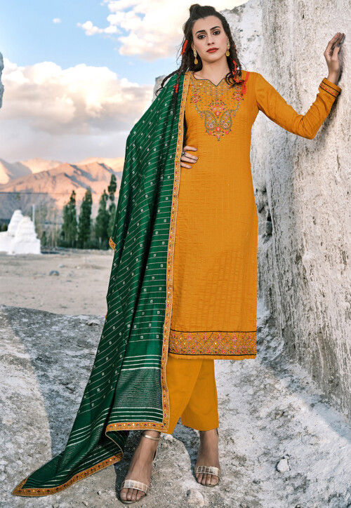 Embroidered Chiffon Pakistani Suit in Mustard : KBNQ3250