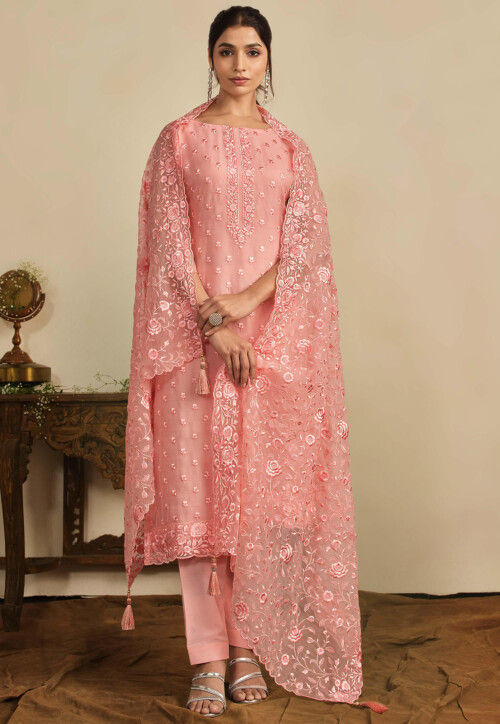 Embroidered Organza Pakistani Suit in Peach