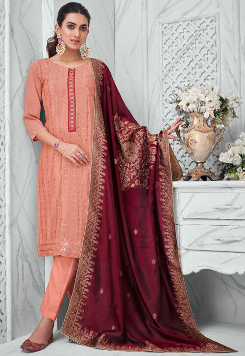 Embroidered Chiffon Pakistani Suit in Peach