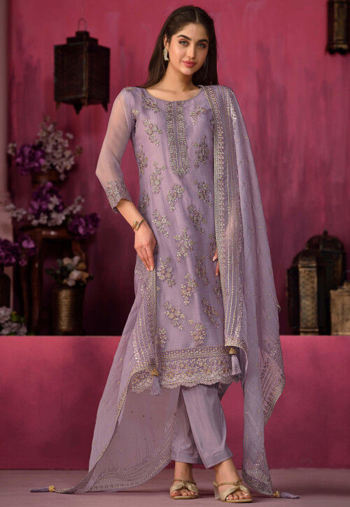 Embroidered Organza Pakistani Suit in Purple