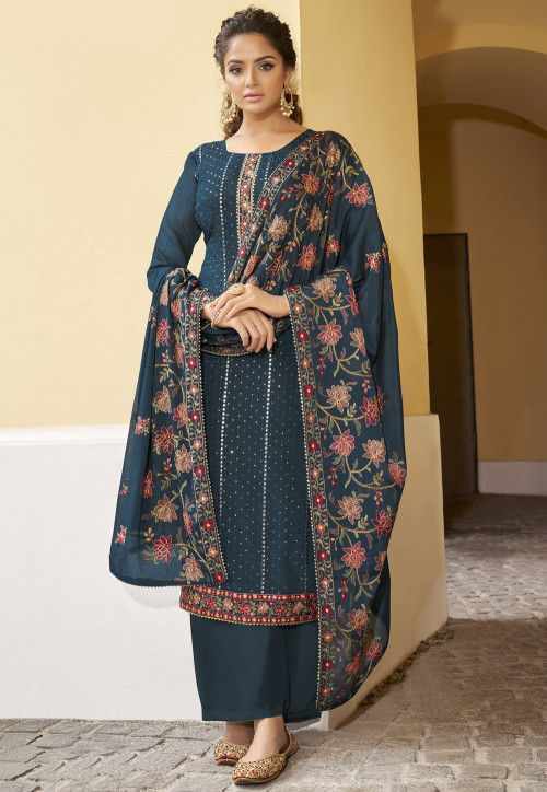 Embroidered Chiffon Pakistani Suit in Teal Blue : KCH8090