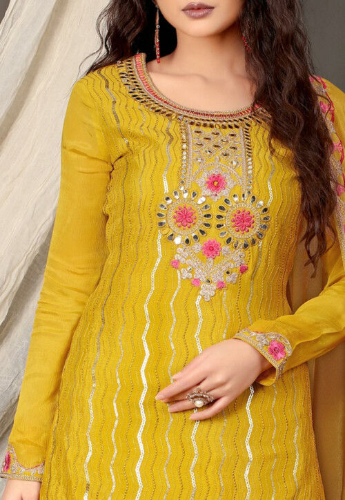Embroidered Chiffon Pakistani Suit in Yellow : KCH8262