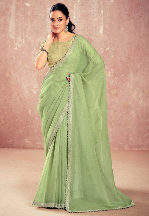 Embroidered Chiffon Saree in Light Green