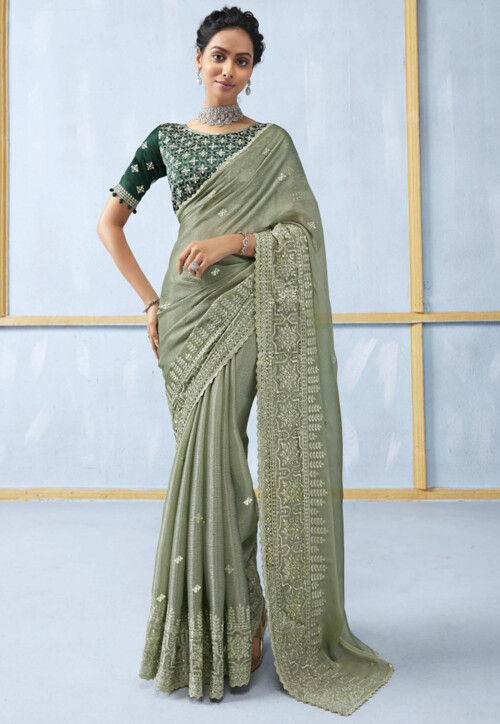 Lime Green & Peach Pure Chiffon Saree Design by Geroo Jaipur at Pernia's  Pop Up Shop 2024