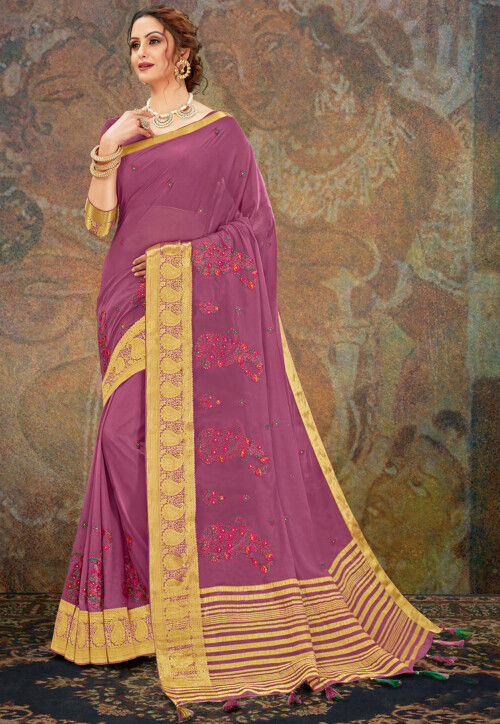 Embroidered Chiffon Saree in Pink