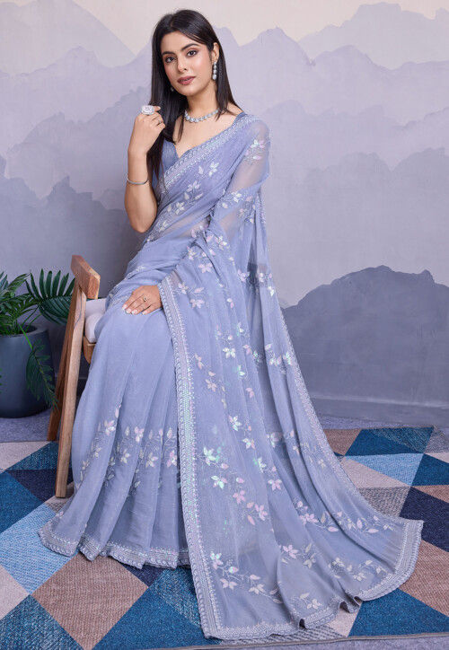 Lavender Embroidered Chiffon Saree