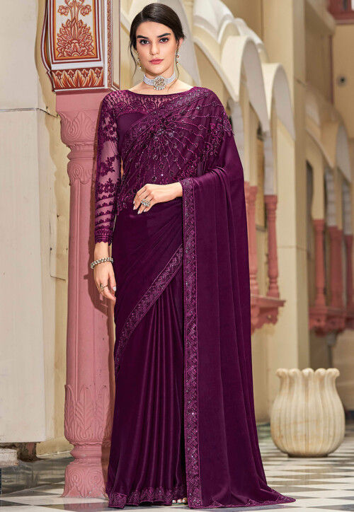 Embroidered Chiffon Saree in Violet