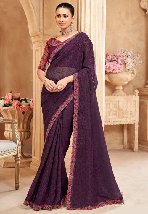 Embroidered Border Chiffon Scalloped Saree in Violet