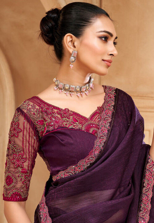 Embroidered Border Chiffon Scalloped Saree in Violet