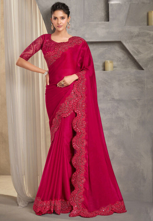 Embroidered Border Chiffon Scalloped Saree in Pink