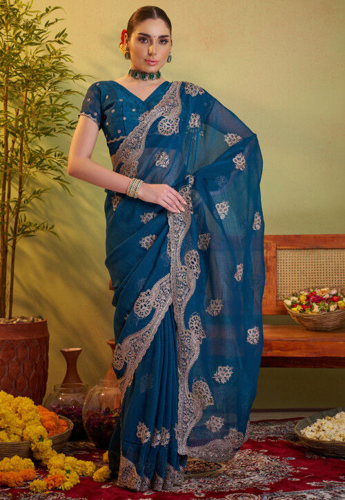 Embroidered Chiffon Scalloped Saree in Teal Blue