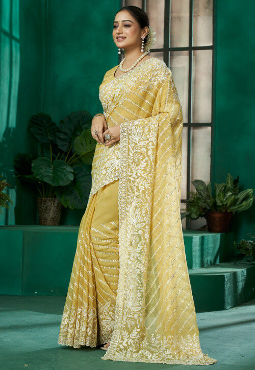 Embroidered Chiffon Scalloped Saree in Yellow