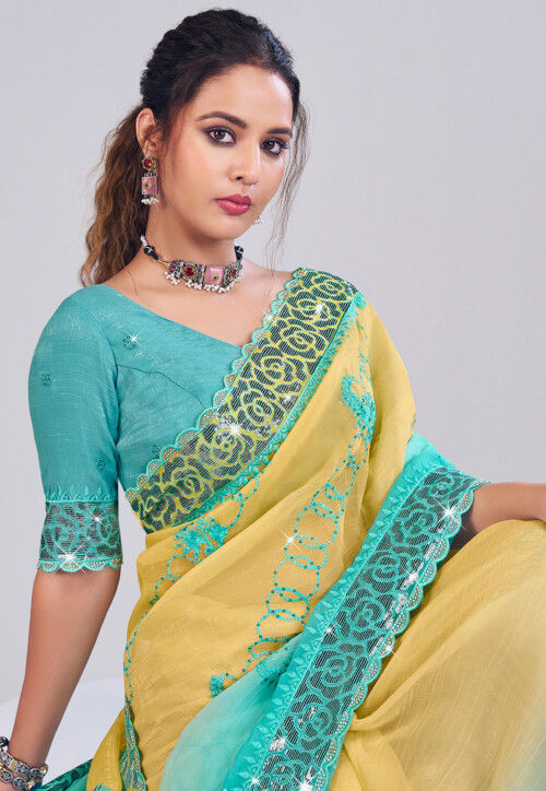 Embroidered Chiffon Scalloped Saree in Yellow