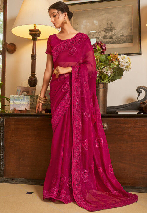 Buy Embroidered Chiffon Shimmer Saree In Pink Online Spf9081 Utsav Fashion 3795