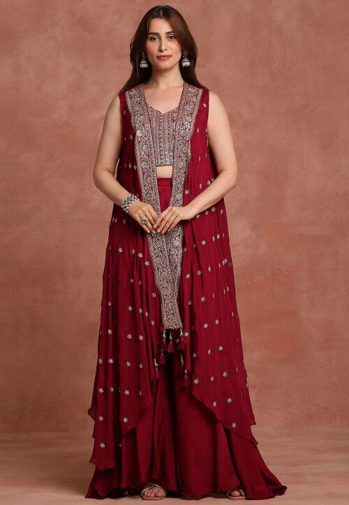 Embroidered Pure Chiffon Silk Crop Top Set in Maroon