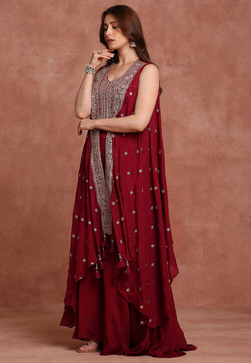 Embroidered Pure Chiffon Silk Crop Top Set in Maroon