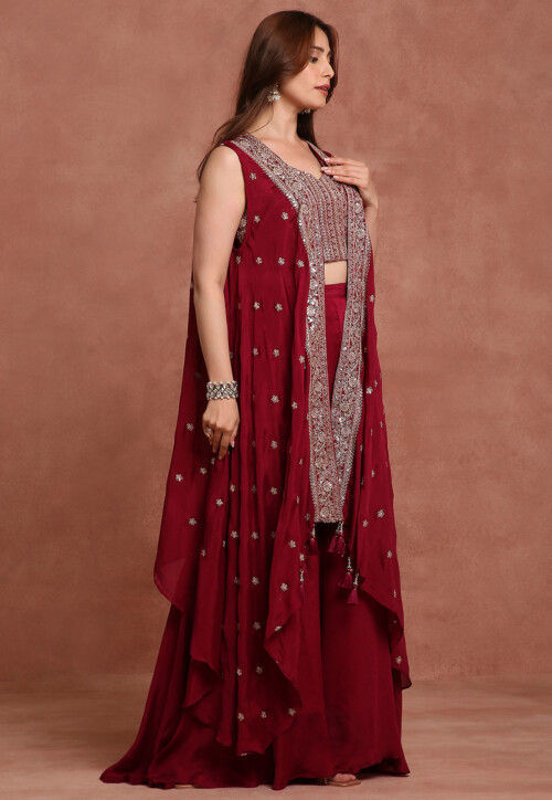 Embroidered Pure Chiffon Silk Crop Top Set in Maroon