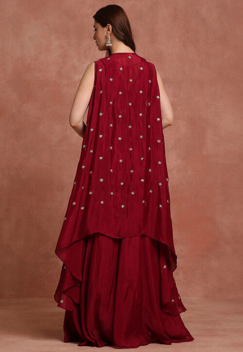 Embroidered Pure Chiffon Silk Crop Top Set in Maroon