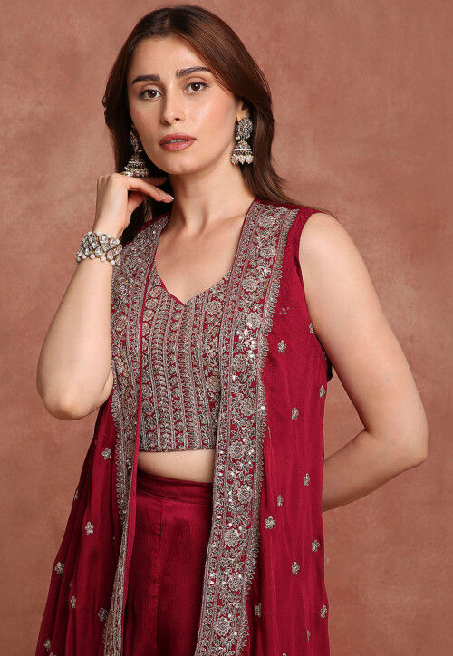 Embroidered Pure Chiffon Silk Crop Top Set in Maroon
