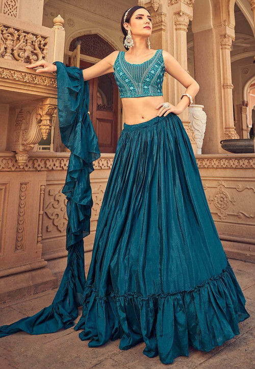 Embroidered Chinnon Chiffon Layered Lehenga in Teal Blue
