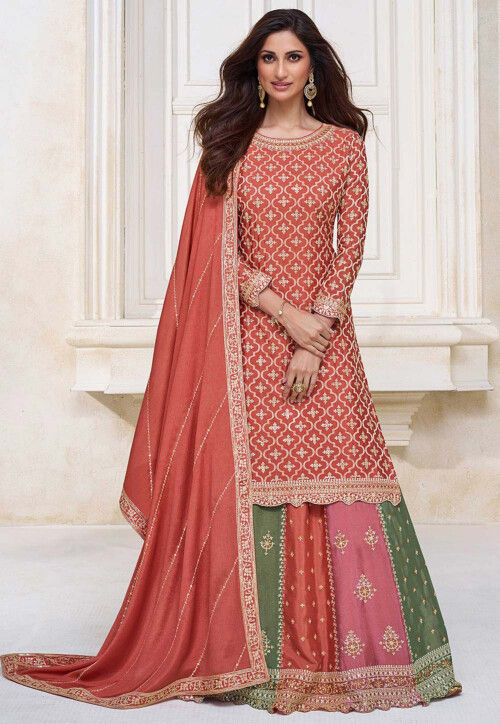 Embroidered Chinnon Chiffon Lehenga in Peach