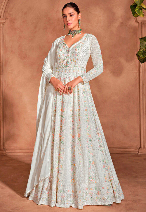 Embroidered Chinon Chiffon Abaya Style Suit in Cream