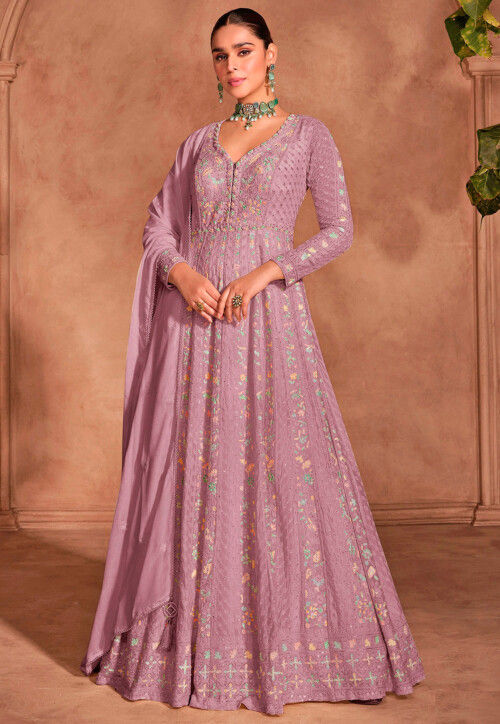 Embroidered Chinon Chiffon Abaya Style Suit in Pink